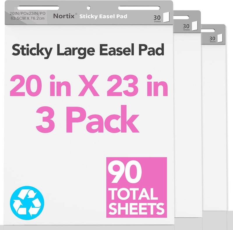Nortix Flip Chart Paper, Sticky Easel Pads, Chart Paper for Teachers,Super Adhesive & Bleed-Resistant, Large Self-Stick Easel Paper for Classroom/Office, 20 x 23 inch, 30 Sheets/Pad, 3 Pads - Image 1